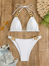 Load image into Gallery viewer, Luxe Chain Link Triangle Halter Bikini Set – Chic V Neck 2 Piece Swimsuit with Lace-Up Tie Back High Stretch Nylon Blend and Sleek Solid Color Finish – Women's Elegant Swimwear for Summer Beach & Pool Style