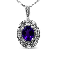 Load image into Gallery viewer, .925 Sterling Silver Diamond Accent and 9x7mm Purple Oval Amethyst Gemstone Pendant 18" Necklace (I-J Color, I1-I2 Clarity)