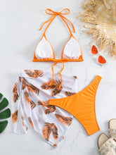 Load image into Gallery viewer, Feather Luxe 3-Piece Bikini Set – Exotic Feather Print Halter Neck Backless Swimsuit with High Cut Tie Back Bottoms and Wrap Cover-Up – Women’s High-Stretch Comfortable Swimwear for Summer Beach & Pool Vacations