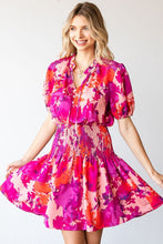 Load image into Gallery viewer, Floral Short Sleeve Smocked Mini Dress – Floral Mini Dress, Smocked Dress, Short Sleeve Floral Dress, Ruched Waist Dress, Summer Mini Dress, Romantic Floral Dress, Chic Floral Dress