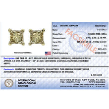 Load image into Gallery viewer, IGI Certified 14K Yellow Gold 1/4 Cttw Princess-Cut Diamond Solitaire Stud Earrings