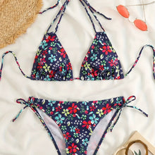 Load image into Gallery viewer, Sunset Bloom 2-Piece Triangle Bikini Set for Women – Vibrant Random Floral Print Halter Neck Swimsuit with Tie-Back Tie-Side Bottoms & High Cut Legs – Women's High-Stretch Swimwear for Summer Beach Escapes
