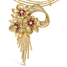 Load image into Gallery viewer, 18K Yellow Gold Diamond and Red Ruby Floral Cascade Statement Necklace with 16" Inch Bead Chain (F-G Color, VS1-VS2 Clarity)