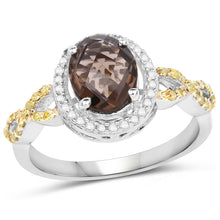 Load image into Gallery viewer, 1.90 Carat Genuine Smoky Quartz, Yellow Diamond & White Diamond .925 Sterling Silver Ring