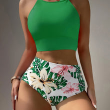 Load image into Gallery viewer, Island Bloom High Waist Bikini Set for Summer – Colorblock Tropical Print Two-Piece Swimsuit with Round Neckline Ultra-Stretch Fit & Applique Detail – Stylish and Comfortable Women’s Swimwear for Pool Beach & Summer Escapes