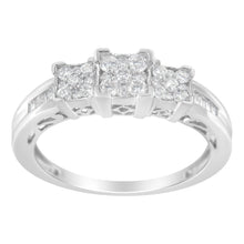 Load image into Gallery viewer, 10K White Gold 1/2 Cttw Brilliant & Baguette Cut Diamond 3 Stone Design with 3 Square Clusters Engagement Ring (H-I Color, SI2-I1 Clarity) - Size 6-3/4