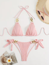 Load image into Gallery viewer, Bikini Ruched Texture Golden Chain 2 Piece Triangle Swimsuit for Women – Striped Halter Bikini Set with Bow Tie Side and Elegant Ring Link Detail – Stretchy Beachwear for Pool Bathing and Summer Vacations