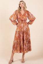 Load image into Gallery viewer, Flower Print Satin Lurex Stripe Smocked Midi Summer Dress β Elegant Midi Dress, Satin Lurex Dress, Floral Dress, Smocked Waist Dress, Romantic Midi Dress, Special Occasion Dress