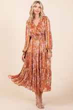 Load image into Gallery viewer, Flower Print Satin Lurex Stripe Smocked Midi Summer Dress β Elegant Midi Dress, Satin Lurex Dress, Floral Dress, Smocked Waist Dress, Romantic Midi Dress, Special Occasion Dress