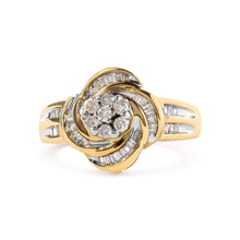 Load image into Gallery viewer, 10K Yellow Gold 1/2 Cttw Round and Baguette Diamond Flower Swirl Cocktail Ring (I-J Color, SI2-I1 Clarity) - Ring Size 7