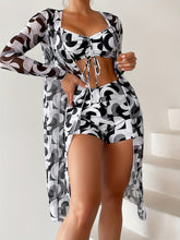 Load image into Gallery viewer, Luxe Lines 3-Piece Geometric Bikini Set for Women – High Rise Drawstring Bikini with Boxer Shorts & Long Sleeve Sheer Kimono Cover-Up – Bold & Breezy Women’s Swimwear for Summer Beach Pool & Getaways