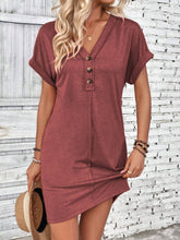 Load image into Gallery viewer, Elegant Button V-Neck Short Sleeve Dress Flattering Casual & Office Wear Simple Dress
