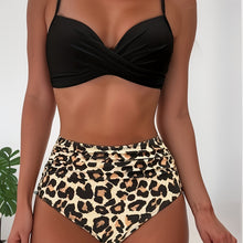 Load image into Gallery viewer, Tropical Vibe High Waist Bikini Set – Flirty V-Neck Swimsuit with Layered Colorblock High Cut Bottom Crisscross Strap Detail & Ultra-Stretch Comfort – Women's Two Piece Swimwear for Summer Beach Pool & Vacation Fun