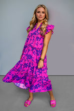 Load image into Gallery viewer, Full Size Ruffled Printed Sleeve Midi Dress Elegant & Beautiful Design Red-Violet Dress