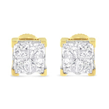 Load image into Gallery viewer, 10K Yellow Gold 3/4 Cttw Invisible Set Princess-Cut Diamond Composite Square Stud Earrings (I-J Color, I2-I3 Clarity)