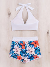 Load image into Gallery viewer, Bikini Floral Halter Neck 2 Piece Swimsuit for Women – Elegant Backless Bikini Set with Tie-Neck Bow and High Waist Shorts Bottoms – Stretchy and Comfortable Summer Swimwear for Beach Pool and Vacation