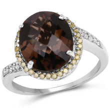 Load image into Gallery viewer, 4.85 Carat Genuine Smoky Quartz, Yellow Diamond & White Diamond .925 Sterling Silver Ring