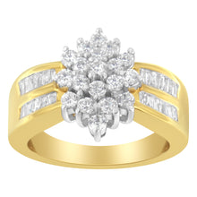 Load image into Gallery viewer, 10K Yellow Gold 1.0 Cttw Round & Baguette Cut Diamond Floral Cluster Double-Channel Flared Band Statement Ring (H-I Color, SI2-I1 Clarity) - Size 6-1/2