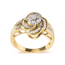 Load image into Gallery viewer, 10K Yellow Gold 1/2 Cttw Round and Baguette Diamond Flower Swirl Cocktail Ring (I-J Color, SI2-I1 Clarity) - Ring Size 7