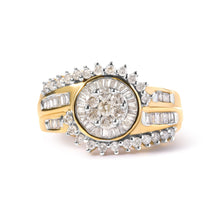 Load image into Gallery viewer, 10K Yellow Gold 1 Cttw Round and Baguette cut Diamond Cluster Swirl Band Ring (H-I Color, I1-I2 Clarity) - Ring Size 7