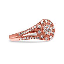 Load image into Gallery viewer, 14K Rose Gold Plated .925 Sterling Silver 1/2 Cttw Pave Diamond Halo Cluster Split Shank Cocktail Ring (I-J Color, I1-I2 Clarity) - Size 6