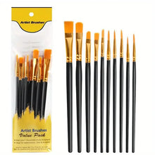 Load image into Gallery viewer, 10-Pieces: Artist Paintbrush Nylon Round Pointed Flat Head Set