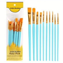 Load image into Gallery viewer, 10-Pieces: Artist Paintbrush Nylon Round Pointed Flat Head Set