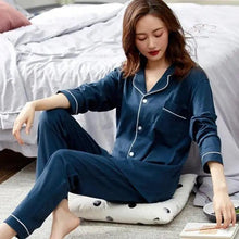 Load image into Gallery viewer, 100% Cotton New Trendy Pajamas For Women Full Sleeves Pajamas Button Down Winter Sleepwear Set Women White Cotton Pajamas Women's Loose Size V-neck Home Suit Long Sleeve Wide Leg Pants Pajamas Casual Home wear