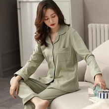 Load image into Gallery viewer, 100% Cotton New Trendy Pajamas For Women Full Sleeves Pajamas Button Down Winter Sleepwear Set Women White Cotton Pajamas Women's Loose Size V-neck Home Suit Long Sleeve Wide Leg Pants Pajamas Casual Home wear