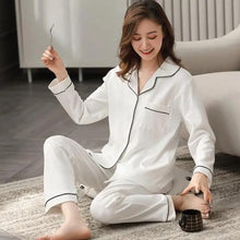 Load image into Gallery viewer, 100% Cotton New Trendy Pajamas For Women Full Sleeves Pajamas Button Down Winter Sleepwear Set Women White Cotton Pajamas Women's Loose Size V-neck Home Suit Long Sleeve Wide Leg Pants Pajamas Casual Home wear