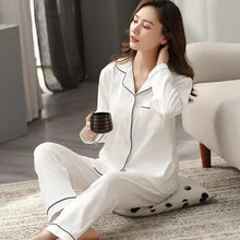 Load image into Gallery viewer, 100% Cotton New Trendy Pajamas For Women Full Sleeves Pajamas Button Down Winter Sleepwear Set Women White Cotton Pajamas Women's Loose Size V-neck Home Suit Long Sleeve Wide Leg Pants Pajamas Casual Home wear