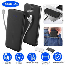 Load image into Gallery viewer, 10000mAh Power Bank Portable Charger with US Plug 2 Built-in Cables External Battery Pack