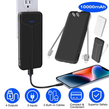 Load image into Gallery viewer, 10000mAh Power Bank Portable Charger with US Plug 2 Built-in Cables External Battery Pack