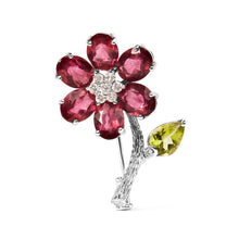 Load image into Gallery viewer, 18K White Gold 1/3 Cttw Diamond, Pink Tourmaline, and Green Peridot Flower and Leaf Tulip Brooch Pin (H-I Color, VS2-SI1)