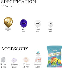 Load image into Gallery viewer, 100Pcs Dark Purple White And Gold Balloons Arch Garland For Baby Shower Engagement Wedding Birthday Theme Anniversary Decoration For Party