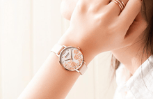Load image into Gallery viewer, Womens Elegant Waterproof Clock With Decoupage Flower Details In Variant With Leather And Stainless Steel Knitted Belts