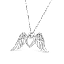 Load image into Gallery viewer, .925 Sterling Silver Pave-Set Diamond Accent Angel Wing 18" Double Heart Pendant Necklace (I-J Color, I1-I2 Clarity)