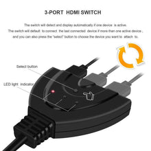Load image into Gallery viewer, 1080P HDMI 3 Ports HDMI Splitter Cable 4K 1080P HDMI Switcher 3 In 1 Out HDMI Splitter With High Speed Pigtail Cable HUB Adapter For Laptop HDTV Projector