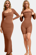 Load image into Gallery viewer, Caramel Built-In Shapewear Dress Square Neck Long Sleeve Maxi Dress Elegant Shapewear Dress For Women