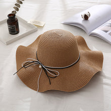 Load image into Gallery viewer, Summer Cap Black Ribbon Decorate Wavy Straw Hat For Girls Hat Kids Sun Cap Baby Beach Hats for Girls
