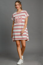 Load image into Gallery viewer, Peace Applique Striped Short Sleeve Mini Dress – Trendy Stripes, Playful Peace Applique, and High-Low Hem for a Chic Casual Look