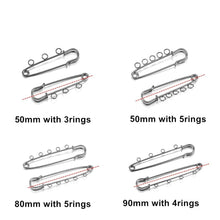 Load image into Gallery viewer, 10pcs/lot Safety Pins Brooch Blank Base Brooch Pins 50/80/90mm Pins 3/5 Rings Jewelry Pin for Jewelry Making Women's Brooch Pins Pullover Scarf Clips Stainless Steel Heavy Duty Safety Pin