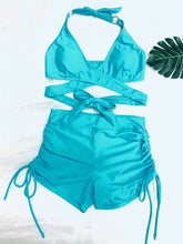 Load image into Gallery viewer, Coastal Curve Halter Bikini Set for Women – V-Neck Crisscross Drawstring Swimsuit with Chic Ring Detail & High-Waisted Boxer Shorts for Summer – Sleek Two-Piece Nylon Swimwear for Women’s Beach & Poolside Style