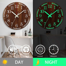 Load image into Gallery viewer, 12 Inch Luminous Wall Clock Wall Clock Luminous Wall Clock Wood Silent Light in Dark Night Nordic Fashion Wall Clock Non Ticking Clock with Night Light Wood Silent light in dark night Nordic Fashion Wall Clock Non Ticking Clock With Night Light
