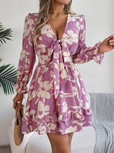 Load image into Gallery viewer, Feminine Lilac Ruffled Printed Long Sleeve Dress Summer Cute Midi Dress