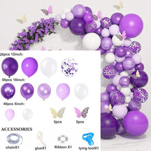 Load image into Gallery viewer, 124 Pcs Garland Arch Kit White Purple Latex Metallic Balloons With Paper Butterfly For Women Birthday Baby Shower Wedding Party Decorations