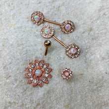 Load image into Gallery viewer, Clear Gem White Faux Opal Rose Gold Tone Flower Belly Ring Set of 2