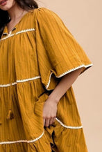 Load image into Gallery viewer, Tassel Contrast Trim Tie Neck Half Sleeve Tiered Dress For Women β Bohemian Inspired Tiered Dress with Tassel Accents and Contrast Trim for a Playful Look