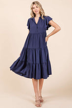 Load image into Gallery viewer, Ruffle Sleeve Collared V Neck Tiered Midi Dress For Women – Fluttering, Feminine and Polished Midi Dress with Layered Details For Any Occasion