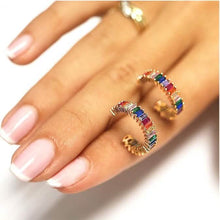 Load image into Gallery viewer, 14K Gold Plated Cubic Zirconia Multicolor Rainbow Round Hoop Stud Earrings